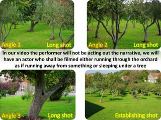 Angle 1 Long shot Angle 2 Long shot In our video the performer will not be acting out the narrative, we will have an actor who shall be filmed either running through the orchard as if running away from something or sleeping under a tree  Establishing shot Long shot Angle 3 