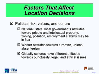 Factors That Affect  Location Decisions Political risk, values, and culture National, state, local governments attitudes toward private and intellectual property, zoning, pollution, employment stability may be in flux Worker attitudes towards turnover, unions, absenteeism Globally cultures have different attitudes towards punctuality, legal, and ethical issues 