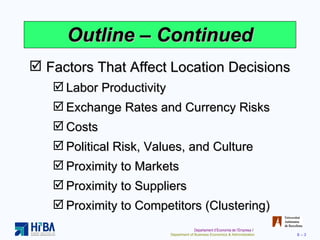 Outline – Continued Factors That Affect Location Decisions Labor Productivity Exchange Rates and Currency Risks Costs Political Risk, Values, and Culture Proximity to Markets Proximity to Suppliers Proximity to Competitors (Clustering) 