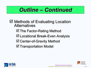 Outline – Continued Methods of Evaluating Location Alternatives The Factor-Rating Method Locational Break-Even Analysis Center-of-Gravity Method Transportation Model 