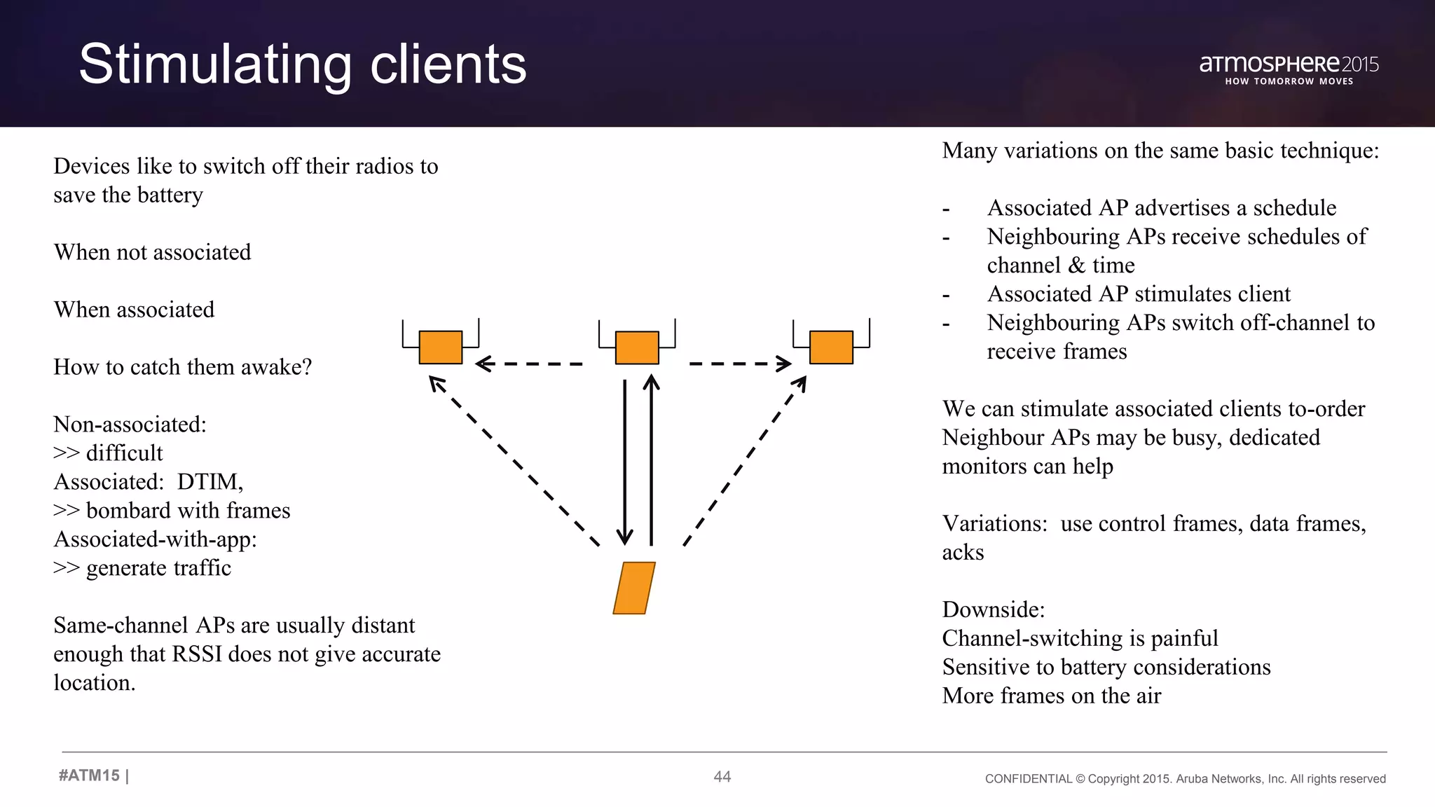 44 CONFIDENTIAL © Copyright 2015. Aruba Networks, Inc. All rights reserved#ATM15 |
Stimulating clients
Devices like to switch off their radios to
save the battery
When not associated
When associated
How to catch them awake?
Non-associated:
>> difficult
Associated: DTIM,
>> bombard with frames
Associated-with-app:
>> generate traffic
Same-channel APs are usually distant
enough that RSSI does not give accurate
location.
Many variations on the same basic technique:
- Associated AP advertises a schedule
- Neighbouring APs receive schedules of
channel & time
- Associated AP stimulates client
- Neighbouring APs switch off-channel to
receive frames
We can stimulate associated clients to-order
Neighbour APs may be busy, dedicated
monitors can help
Variations: use control frames, data frames,
acks
Downside:
Channel-switching is painful
Sensitive to battery considerations
More frames on the air
 