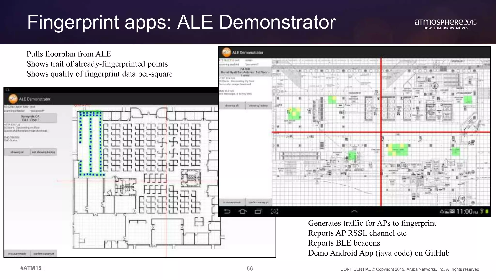 56 CONFIDENTIAL © Copyright 2015. Aruba Networks, Inc. All rights reserved#ATM15 |
Fingerprint apps: ALE Demonstrator
Pulls floorplan from ALE
Shows trail of already-fingerprinted points
Shows quality of fingerprint data per-square
Generates traffic for APs to fingerprint
Reports AP RSSI, channel etc
Reports BLE beacons
Demo Android App (java code) on GitHub
 