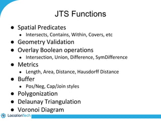 JTS Functions 
● Spatial Predicates 
● Intersects, Contains, Within, Covers, etc 
● Geometry Validation 
● Overlay Boolean operations 
● Intersection, Union, Difference, SymDifference 
● Metrics 
● Length, Area, Distance, Hausdorff Distance 
● Buffer 
● Pos/Neg, Cap/Join styles 
● Polygonization 
● Delaunay Triangulation 
● Voronoi Diagram 
 