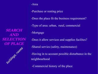 SEARCH 
AND 
SELECTION 
OF PLACE 
buildings, rooms 
-Area 
-Purchase or renting price 
-Does the place fit the business requirement? 
-Type of area: urban, rural, commercial 
-Mortgage 
-Does it allow services and supplies facilites? 
-Shared services (safety, maintenance) 
-Having in to account possible disturbance in the 
neighbourhood 
-Commercial history of the place 
 