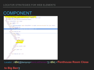 LOCATOR STRATEGIES FOR WEB ELEMENTS
COMPONENT
Locator: .//div[@itemprop=itemListElement’][.//div[.=‘Penthouse Room Close
to Big Ben’]]
 