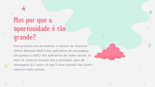 Pela primeira vez na história, o número de Usuários
Ativos Mensais (MAU) dos aplicativos de mensagens
ultrapassou o MAU dos aplicativos de redes sociais. A
base de usuários somada dos 4 principais apps de
mensagens já é maior do que a base somada das quatro
maiores redes sociais.
Mas por que a
oportunidade é tão
grande?
 
