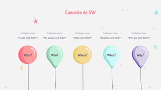 Deﬁnido como
“O que será feito?“;
Deﬁnido como
“Onde será feito?“
Deﬁnido como
“Por quem será feito?“
Deﬁnido como
“Quando será feito?“
What? Where?Who? When?
Conceito de 5W
Deﬁnido como
“Por que será feito?“;
Why?
 