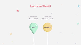 Deﬁnido como
“Quanto irá custar?“
Deﬁnido como
“Como será feito?“
How Much?How?
Conceito do 1H ou 2H
 