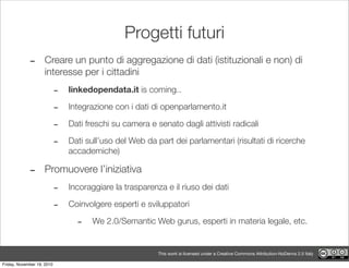 This work is licensed under a Creative Commons Attribution-NoDerivs 2.5 Italy
Progetti futuri
- Creare un punto di aggrega...