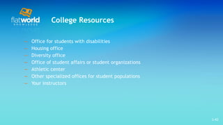 College Resources Office for students with disabilities  Housing office Diversity office Office of student affairs or student organizations Athletic center Other specialized offices for student populations Your instructors  1- 