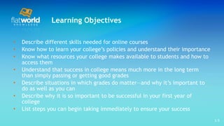 Learning Objectives Describe different skills needed for online courses Know how to learn your college’s policies and understand their importance Know what resources your college makes available to students and how to access them Understand that success in college means much more in the long term than simply passing or getting good grades Describe situations in which grades do matter—and why it’s important to do as well as you can Describe why it is so important to be successful in your first year of college List steps you can begin taking immediately to ensure your success 1- 