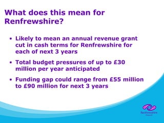 What does this mean for
Renfrewshire?
• Likely to mean an annual revenue grant
cut in cash terms for Renfrewshire for
each of next 3 years
• Total budget pressures of up to £30
million per year anticipated
• Funding gap could range from £55 million
to £90 million for next 3 years
 