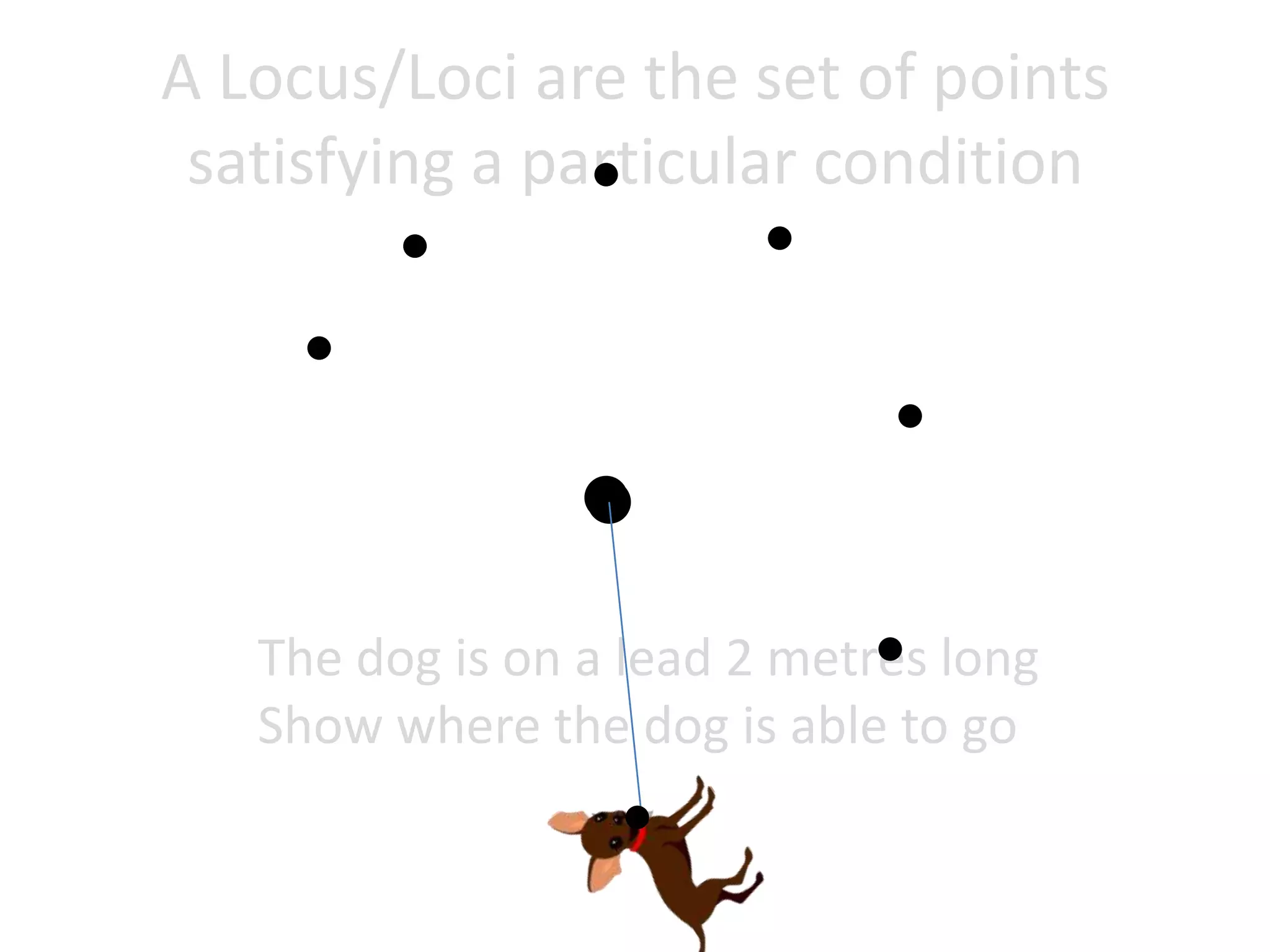 A Locus/Loci are the set of points
satisfying a particular condition

The dog is on a lead 2 metres long
Show where the dog is able to go

 