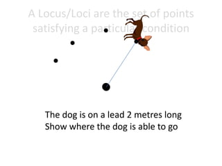A Locus/Loci are the set of points
satisfying a particular condition

The dog is on a lead 2 metres long
Show where the dog is able to go

 