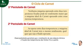 Física
Prof. Júlio Lociks
O Ciclo de Carnot
Esses postulados garantem que o rendimento de uma máquina térmica
é função das temperaturas das fontes fria e quente.
 