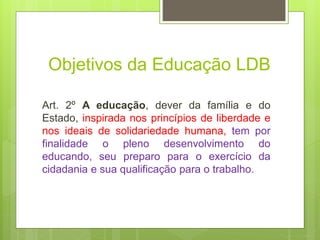 Objetivos da Educação LDB
Art. 2º A educação, dever da família e do
Estado, inspirada nos princípios de liberdade e
nos ideais de solidariedade humana, tem por
finalidade o pleno desenvolvimento do
educando, seu preparo para o exercício da
cidadania e sua qualificação para o trabalho.
 