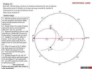 A B
A1
A2
A4
A5
A3
A6
A7
P
p1
p2
p3
p4
p5
p6
p7
p8
1 2 3 4567
Problem 10 :
Rod AB, 100 mm long, revolves in clockwise direction for one revolution.
Meanwhile point P, initially on A starts moving towards B, reaches B
And returns to A in one revolution of rod.
Draw locus of point P.
Solution Steps
+ + + +
ROTATING LINK
1)   AB Rod revolves around center O
for one revolution and point P slides
along rod AB reaches end B and
returns to A.
2)   Divide circle in 8 number of equal
parts and name in arrow direction
after A-A1, A2, A3, up to A8.
3)   Distance traveled by point P is AB
plus AB mm. Divide AB in 4 parts so
those will be 8 equal parts on return.
4)   Initially P is on end A. When A
moves to A1, point P goes one
linear division (part) away from A1.
Mark it from A1 and name the point
P1.
5)   When A moves to A2, P will be
two parts away from A2 (Name it
P2 ). Mark it as above from A2.
6)   From A3 mark P3 three parts
away from P3.
7)   Similarly locate P4, P5, P6, P7
and P8 which will be eight parts away
from A8. [Means P has reached B].
8)   Join all P points by smooth curve.
It will be locus of P
The Locus will
follow the loop path two times in
one revolution.
 