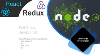 JavaScript
everywhere!
Everything is written in JavaScript:
- app backend
- api
- web client
- cli
Full-Stack
JavaScript
 