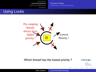 Introduction
                    Lock-Free Explained     The Good ’Ol Days
                  Lock-Free Performance     A New Kind of Computer Science
                               Summary


Using Locks


          Pre−empting
             threads
          always have
              higher                                   Lowest
            priority !                  D             Priority !




              Which thread has the lowest priority ?


                           Peter Soetens    Lock-Free Data Exchange
 