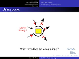 Introduction
                    Lock-Free Explained     The Good ’Ol Days
                  Lock-Free Performance     A New Kind of Computer Science
                               Summary


Using Locks




           Lowest
          Priority !                    D




              Which thread has the lowest priority ?


                           Peter Soetens    Lock-Free Data Exchange
 