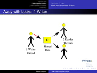 Introduction
                 Lock-Free Explained     The Good ’Ol Days
               Lock-Free Performance     A New Kind of Computer Science
                            Summary


Away with Locks: 1 Writer




                                     D                  2 Reader
                                                        Threads
                                  Shared
            1 Writer               Data
             Thread




                        Peter Soetens    Lock-Free Data Exchange
 