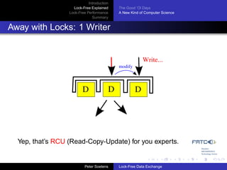 Introduction
                    Lock-Free Explained     The Good ’Ol Days
                  Lock-Free Performance     A New Kind of Computer Science
                               Summary


Away with Locks: 1 Writer


                                                         Write...
                                            modify




                         D              D            D




  Yep, that’s RCU (Read-Copy-Update) for you experts.


                           Peter Soetens    Lock-Free Data Exchange
 