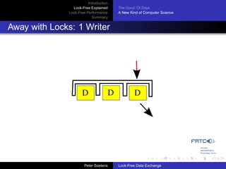 Introduction
                 Lock-Free Explained     The Good ’Ol Days
               Lock-Free Performance     A New Kind of Computer Science
                            Summary


Away with Locks: 1 Writer




                      D              D           D




                        Peter Soetens    Lock-Free Data Exchange
 