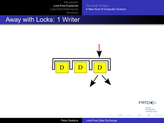 Introduction
                 Lock-Free Explained     The Good ’Ol Days
               Lock-Free Performance     A New Kind of Computer Science
                            Summary


Away with Locks: 1 Writer




                      D              D           D




                        Peter Soetens    Lock-Free Data Exchange
 
