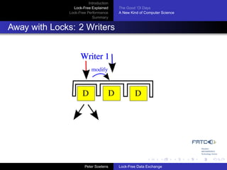 Introduction
                Lock-Free Explained     The Good ’Ol Days
              Lock-Free Performance     A New Kind of Computer Science
                           Summary


Away with Locks: 2 Writers


                    Writer 1
                           modify



                     D              D           D




                       Peter Soetens    Lock-Free Data Exchange
 
