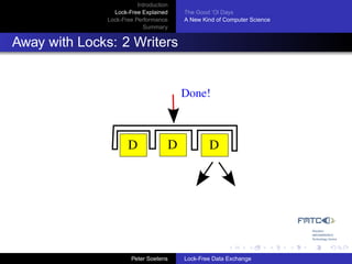 Introduction
                Lock-Free Explained     The Good ’Ol Days
              Lock-Free Performance     A New Kind of Computer Science
                           Summary


Away with Locks: 2 Writers


                                        Done!



                     D              D           D




                       Peter Soetens    Lock-Free Data Exchange
 