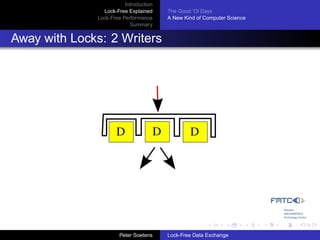 Introduction
                Lock-Free Explained     The Good ’Ol Days
              Lock-Free Performance     A New Kind of Computer Science
                           Summary


Away with Locks: 2 Writers




                     D              D           D




                       Peter Soetens    Lock-Free Data Exchange
 