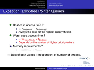 Introduction
                      Lock-Free Explained     Time determinism
                    Lock-Free Performance     Algorithm Overhead
                                 Summary


Exception: Lock-free Pointer Queues


   +   Best case access time ?
           = TFindpointer + TPointercopy
           Always the case for the highest priority thread.
   +   Worst case access time ?
           = WHigherPriority ∗ TBestcase
           Depends on the number of higher priority writers.
       Memory requirements ?
           = sizeof (D) ∗ Nqueue
  ⇒ Best of both worlds ! Independent of number of threads.



                             Peter Soetens    Lock-Free Data Exchange
 