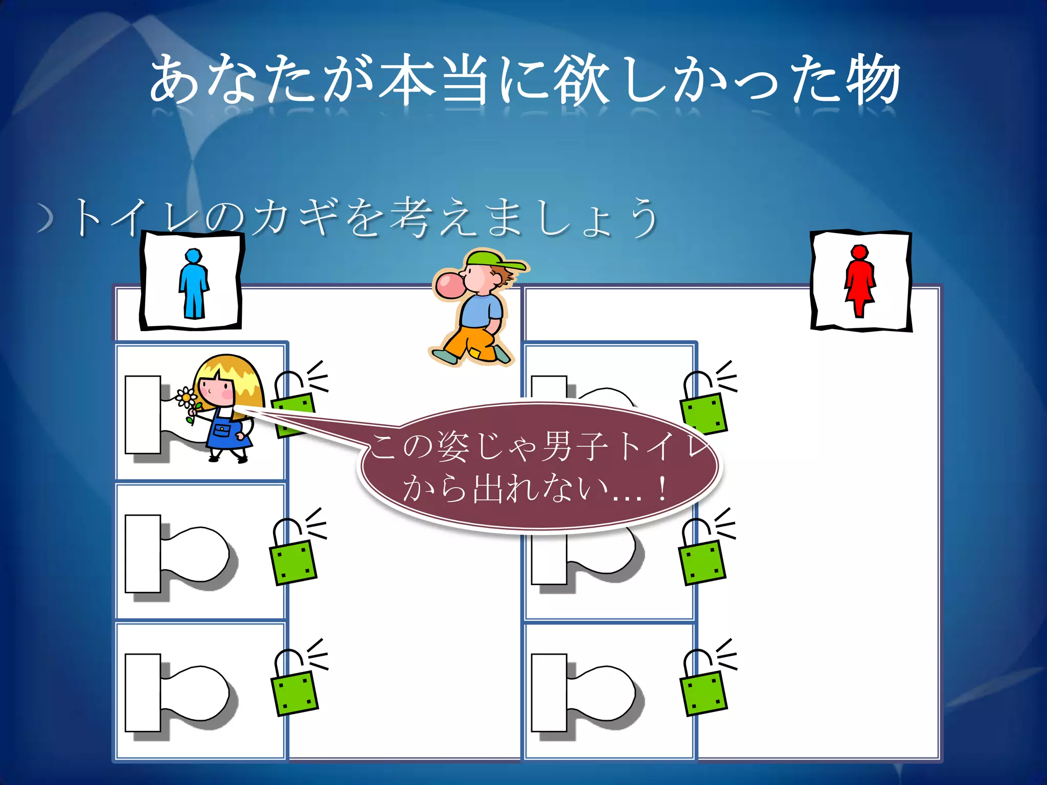 あなたが本当に欲しかった物

トイレのカギを考えましょう



      この姿じゃ男子トイレ
       から出れない…！
 