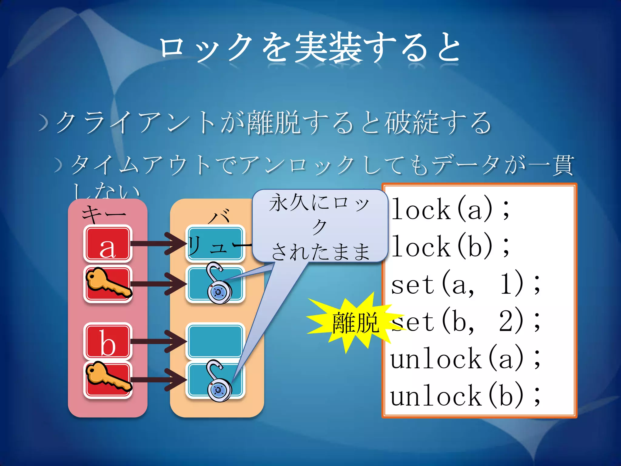 ロックを実装すると

クライアントが離脱すると破綻する
タイムアウトでアンロックしてもデータが一貫
しない      永久にロッ lock(a);
キー    バ    ク
 a   リュー されたまま lock(b);
                set(a, 1);
           離脱   set(b, 2);
 b              unlock(a);
                unlock(b);
 