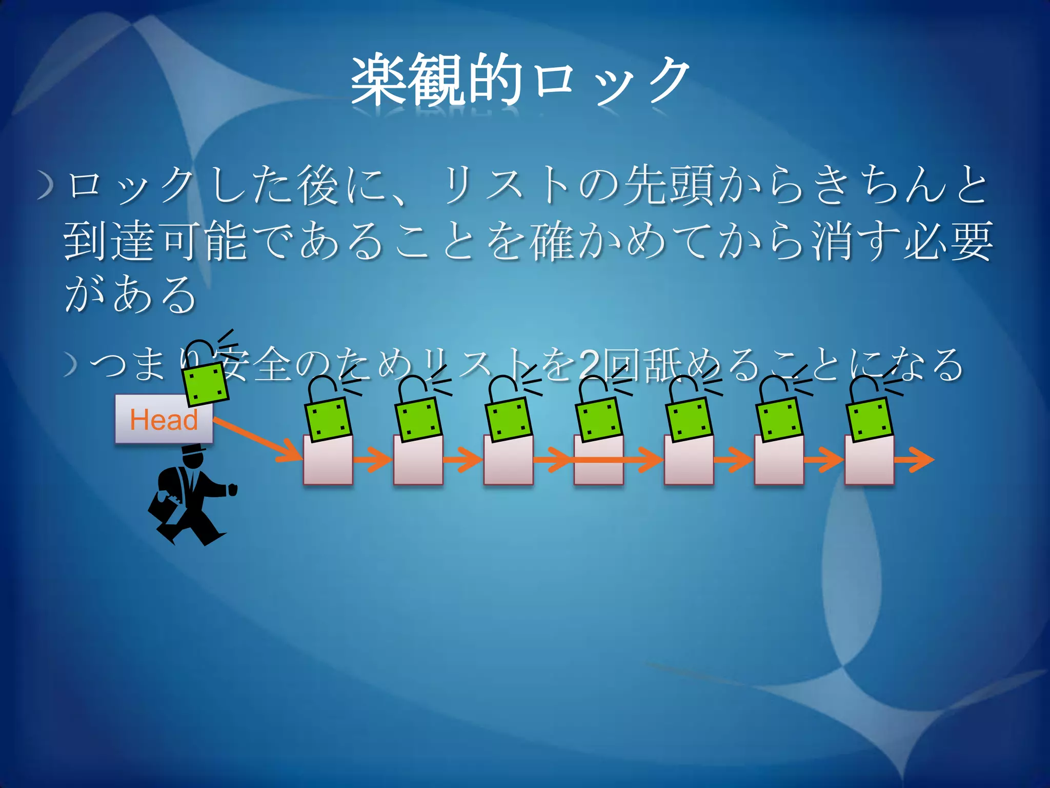 楽観的ロック
ロックした後に、リストの先頭からきちんと
到達可能であることを確かめてから消す必要
がある
つまり安全のためリストを2回舐めることになる
 Head
 