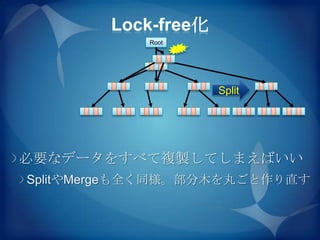 Lock-free化
            Root




                     Split




必要なデータをすべて複製してしまえばいい
SplitやMergeも全く同様。部分木を丸ごと作り直す
 