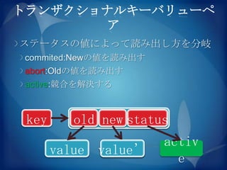 トランザクショナルキーバリューペ
       ア
ステータスの値によって読み出し方を分岐
 commited:Newの値を読み出す
 abort:Oldの値を読み出す
 active:競合を解決する



 key     old new status
                       activ
       value value’
                         e
 