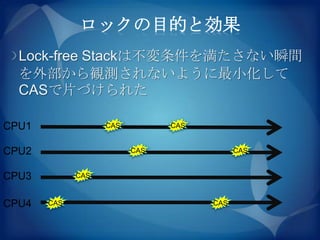 ロックの目的と効果
  Lock-free Stackは不変条件を満たさない瞬間
  を外部から観測されないように最小化して
  CASで片づけられた

CPU1               CAS         CAS


CPU2                     CAS               CAS


CPU3         CAS



CPU4   CAS                           CAS
 