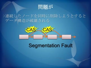 問題が
連続したノードを同時に削除しようとすると
データ構造が破壊される

     CAS   CAS


     Segmentation Fault
 