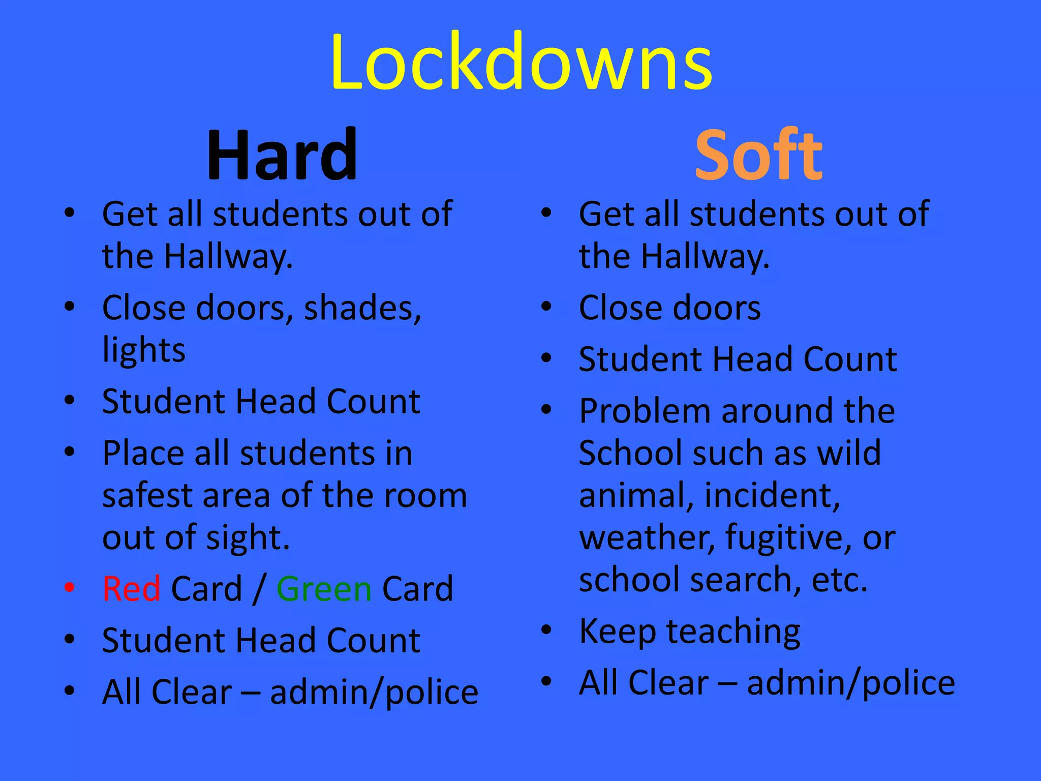 Lockdowns
        Hard                          Soft
• Get all students out of    • Get all students out of
  the Hallway.                 the Hallway.
• Close doors, shades,       • Close doors
  lights                     • Student Head Count
• Student Head Count         • Problem around the
• Place all students in        School such as wild
  safest area of the room      animal, incident,
  out of sight.                weather, fugitive, or
• Red Card / Green Card        school search, etc.
• Student Head Count         • Keep teaching
• All Clear – admin/police   • All Clear – admin/police
 