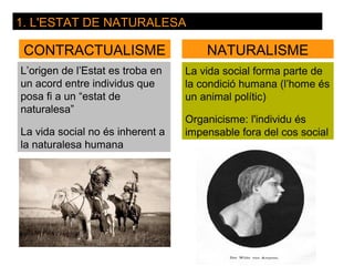1. L'ESTAT DE NATURALESA

 CONTRACTUALISME                      NATURALISME
L’origen de l’Estat es troba en   La vida social forma parte de
un acord entre individus que      la condició humana (l’home és
posa fi a un “estat de            un animal polític)
naturalesa”
                                  Organicisme: l'individu és
La vida social no és inherent a   impensable fora del cos social
la naturalesa humana
 