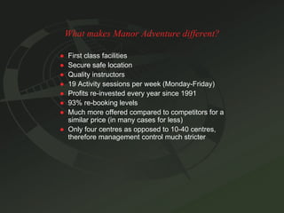 What makes Manor Adventure different? ●   First class facilities ●   Secure safe location ●   Quality instructors ●   19 Activity sessions per week (Monday-Friday) ●   Profits re-invested every year since 1991 ●   93% re-booking levels ●   Much more offered compared to competitors for a similar price (in many cases for less) ●   Only four centres as opposed to 10-40 centres,  therefore management control much stricter 