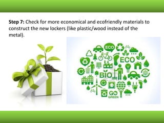 Step 7: Check for more economical and ecofriendly materials to
construct the new lockers (like plastic/wood instead of the
metal).
 