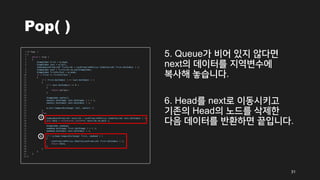 Pop( )
5. Queue가 비어 있지 않다면
next의 데이터를 지역변수에
복사해 놓습니다.
6. Head를 next로 이동시키고
기존의 Head의 노드를 삭제한
다음 데이터를 반환하면 끝입니다.
31
5
6
 