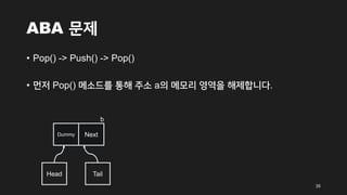 ABA 문제
• Pop() -> Push() -> Pop()
• 먼저 Pop() 메소드를 통해 주소 a의 메모리 영역을 해제합니다.
35
Head
Dummy Next
Tail
b
 
