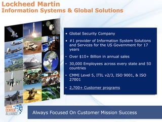 Lockheed Martin
Information Systems & Global Solutions



                      • Global Security Company
                      • #1 provider of Information System Solutions
                        and Services for the US Government for 17
                        years
                      • Over $10+ Billion in annual sales
                      • 30,000 Employees across every state and 50
                        countries
                      • CMMI Level 5, ITIL v2/3, ISO 9001, & ISO
                        27001

                      • 2,700+ Customer programs




         Always Focused On Customer Mission Success
 