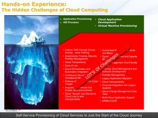 Hands-on Experience:
The Hidden Challenges of Cloud Computing
                                 ๏ Application Provisioning     • Cloud Application
                                 ๏ VDI Provision                  Development
                                                                • Virtual Machine Provisioning




                                   • Culture: With Change Comes       • Guaranteed Performance: SLAs
                                     Anxiety…more Training              and Mission Support
                                   • Governance: Finance, Security,   • Dynamic Performance and Capacity
                                     Portfolio Management               Mgmt
                                   • Cloud Transparency               • Power Management: Eco-Friendly
                                   • Ease of Use                        “Green”
                                   • Cloud Orchestration and          • Training: Cloud Management and
                                     Automation Integration             Software Development
                                   • Continuous Security              • Portfolio Management
                                     Compliance Management            • Legacy Application Migration
                                   • Defense of 80% and 20% Cyber     • Cloud Interoperability
                                     Threats                          • Financial Integration into Legacy
                                   • Acquisition: Contracts that        Systems
                                     Enable cloud procurement         • Cloud Change Management Over
                                   • Cloud “Sprawl” and Standards       Time
                                     Cloud Lock In and                • Multi-Cloud Application Support
                                     interoperability
                                                                      • DR/BC/COOP




     Self-Service Provisioning of Cloud Services Is Just the Start of the Cloud Journey
 
