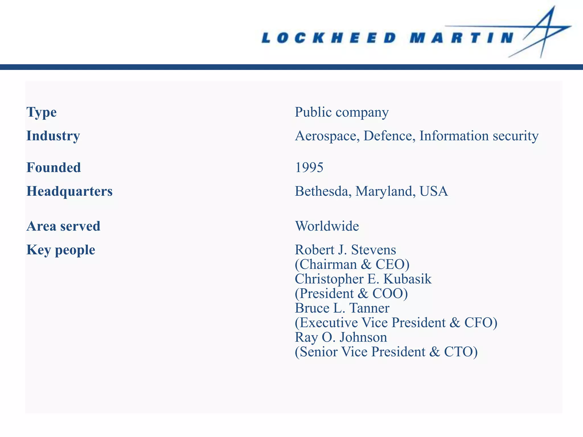 Type           Public company
Industry       Aerospace, Defence, Information security

Founded        1995
Headquarters   Bethesda, Maryland, USA

Area served    Worldwide
Key people     Robert J. Stevens
               (Chairman & CEO)
               Christopher E. Kubasik
               (President & COO)
               Bruce L. Tanner
               (Executive Vice President & CFO)
               Ray O. Johnson
               (Senior Vice President & CTO)
 