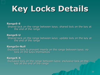 Key Locks Details RangeS-S   Shared lock on the range between keys; shared lock on the key at the end of the range RangeS-U Shared lock on the range between keys; update lock on the key at the end of the range RangeIn-Null Exclusive lock to prevent inserts on the range between keys; no lock on the keys themselves RangeX-X Exclusive lock on the range between keys; exclusive lock on the key at the end of the range 