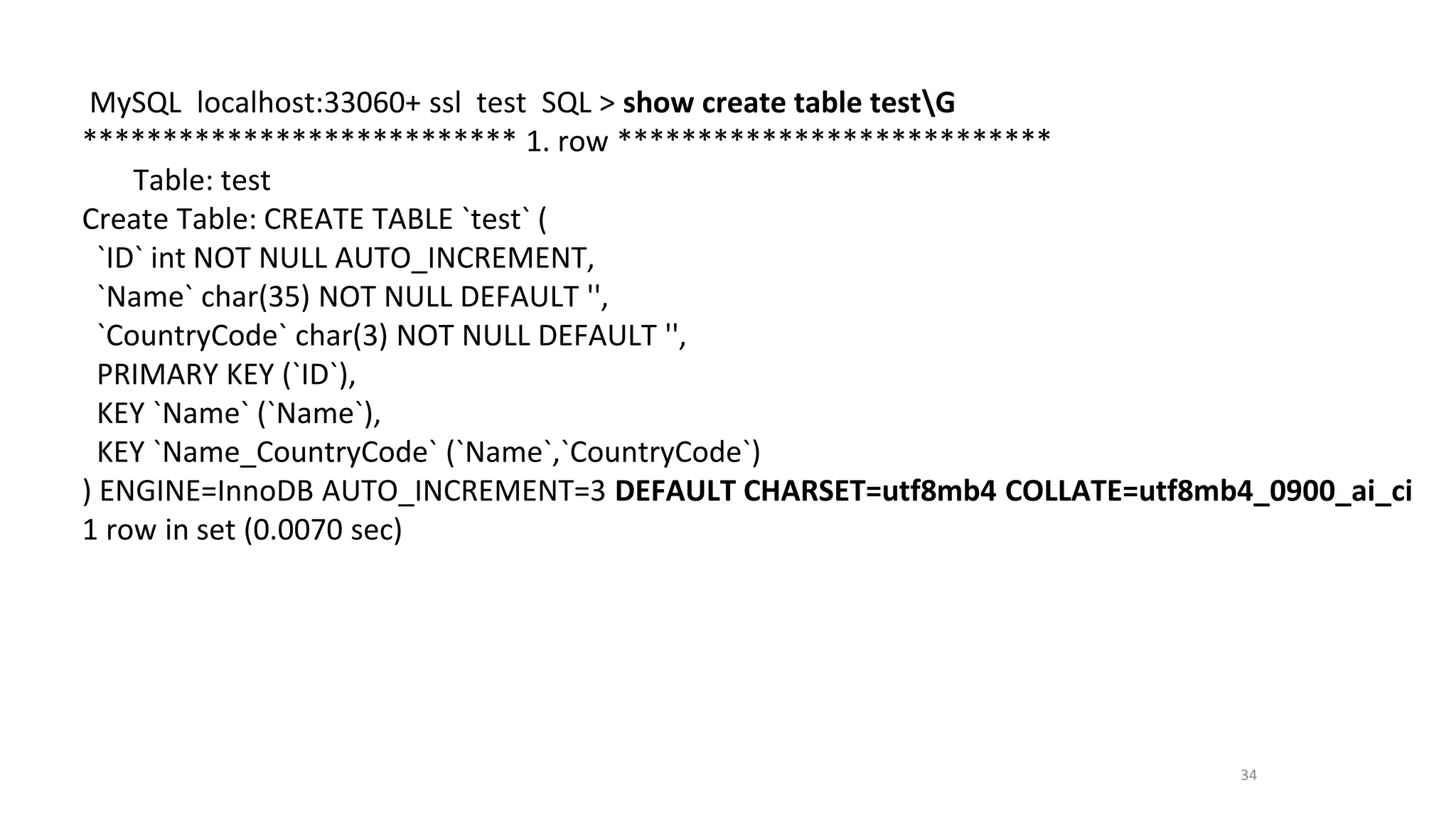 34
MySQL localhost:33060+ ssl test SQL > show create table testG
*************************** 1. row ***************************
Table: test
Create Table: CREATE TABLE `test` (
`ID` int NOT NULL AUTO_INCREMENT,
`Name` char(35) NOT NULL DEFAULT '',
`CountryCode` char(3) NOT NULL DEFAULT '',
PRIMARY KEY (`ID`),
KEY `Name` (`Name`),
KEY `Name_CountryCode` (`Name`,`CountryCode`)
) ENGINE=InnoDB AUTO_INCREMENT=3 DEFAULT CHARSET=utf8mb4 COLLATE=utf8mb4_0900_ai_ci
1 row in set (0.0070 sec)
 